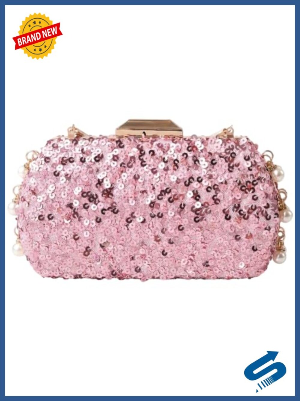 Glitter Sequin Evening Clutch Purse with Pearl Charm & Clasp